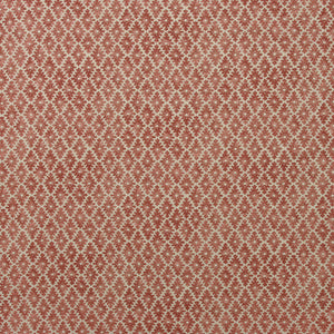 Fabric sample of a red and neutral printed linen fabric with a geometric pattern