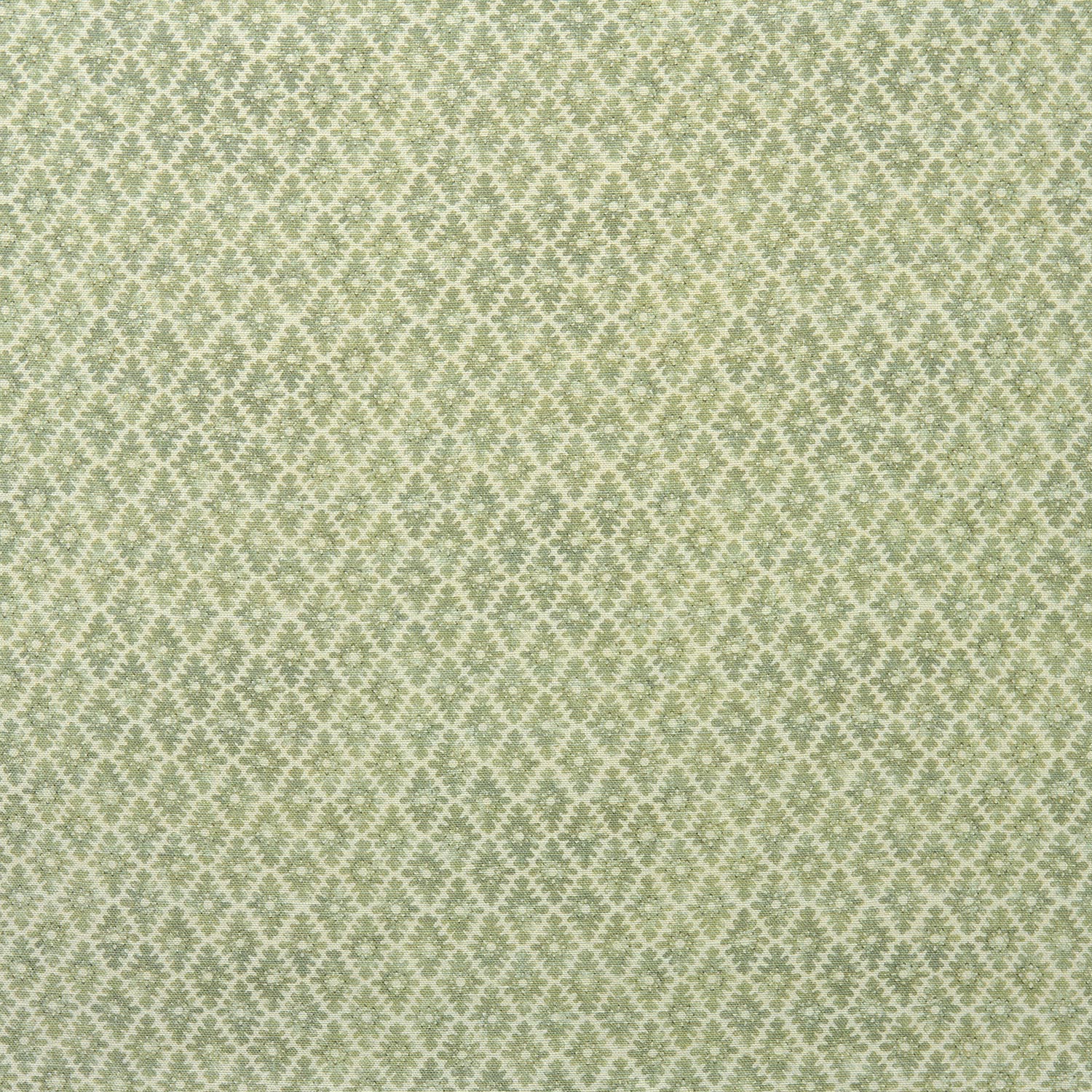 Fabric sample of a green and neutral printed linen fabric with a geometric pattern