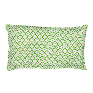 A green, blue and cream linen cushion with a trellis pattern.