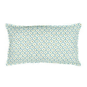 A blue, yellow and cream linen cushion with a trellis pattern.