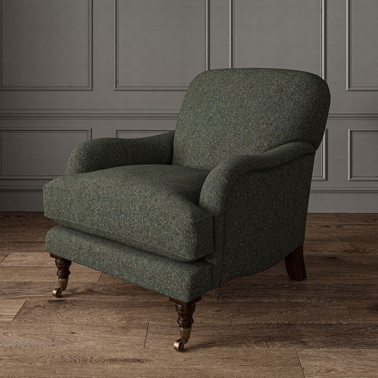Blue chair upholstered in a plain pure wool woven fabric.