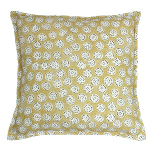A yellow, cream and black linen cushion with a all-over repeat pattern.
