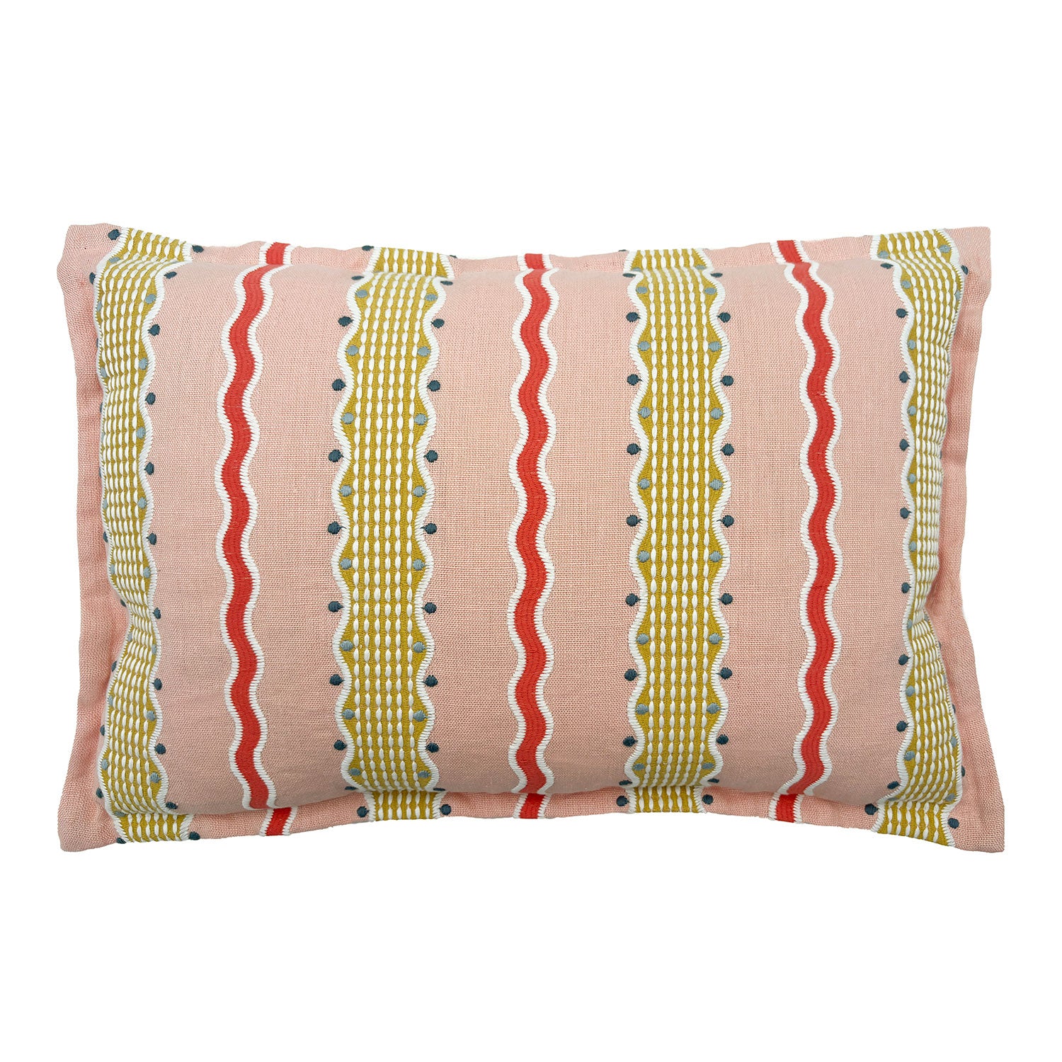 Decorative pink cushion with colourful striped pattern.