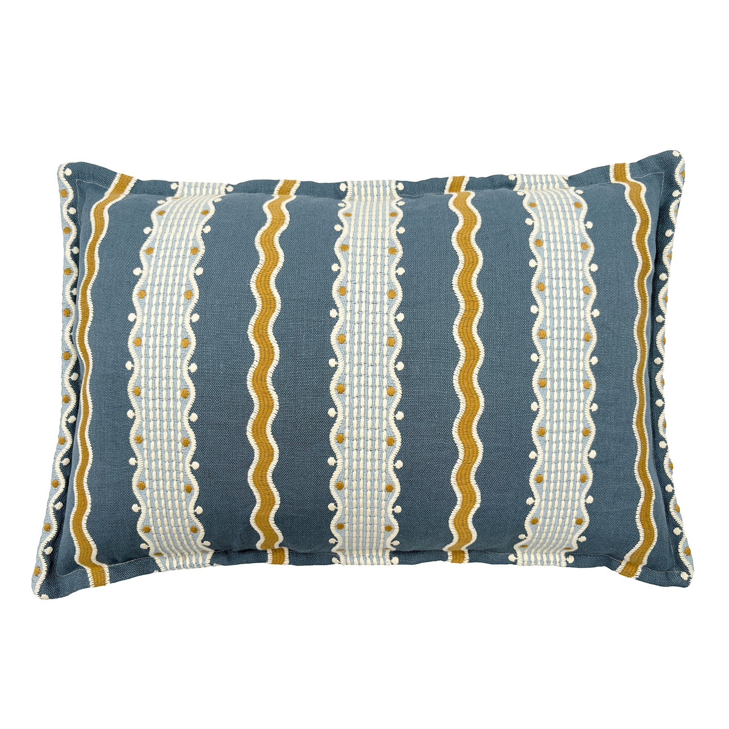 Decorative pillow with blue, gold, and white striped pattern.