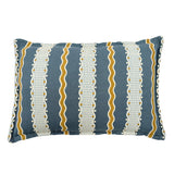 Decorative pillow with blue, gold, and white striped pattern.