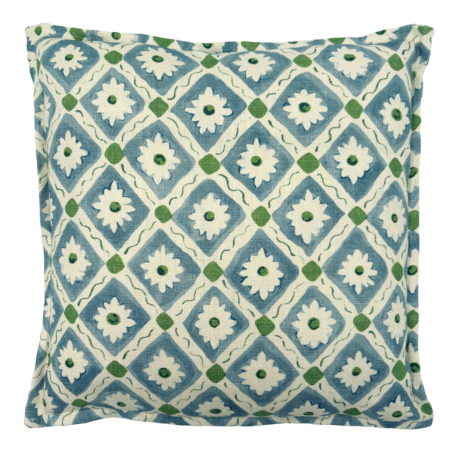 Decorative cushion with a geometric floral pattern in blue and green.