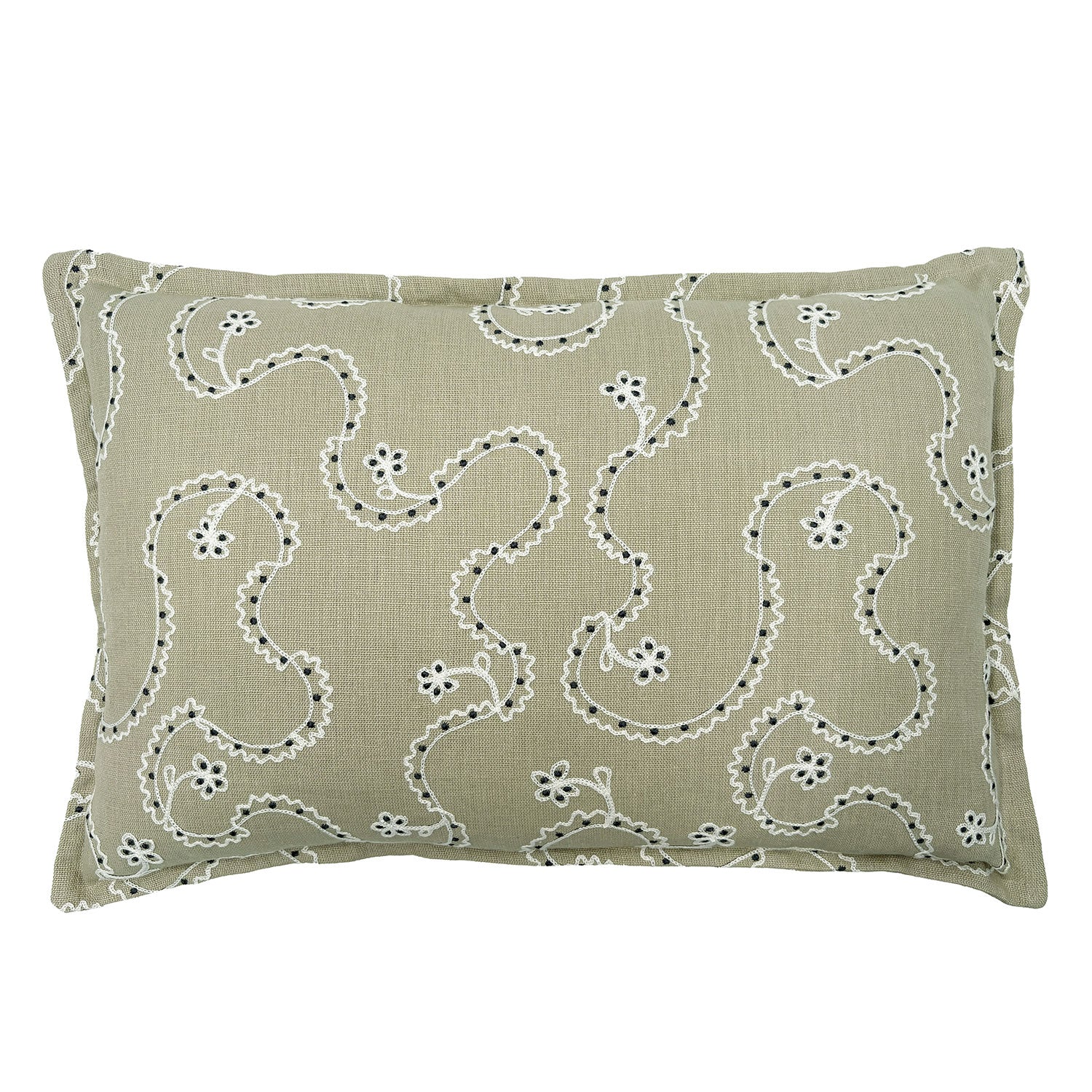 Decorative cushion with a free-flowing floral pattern on a sand coloured background.