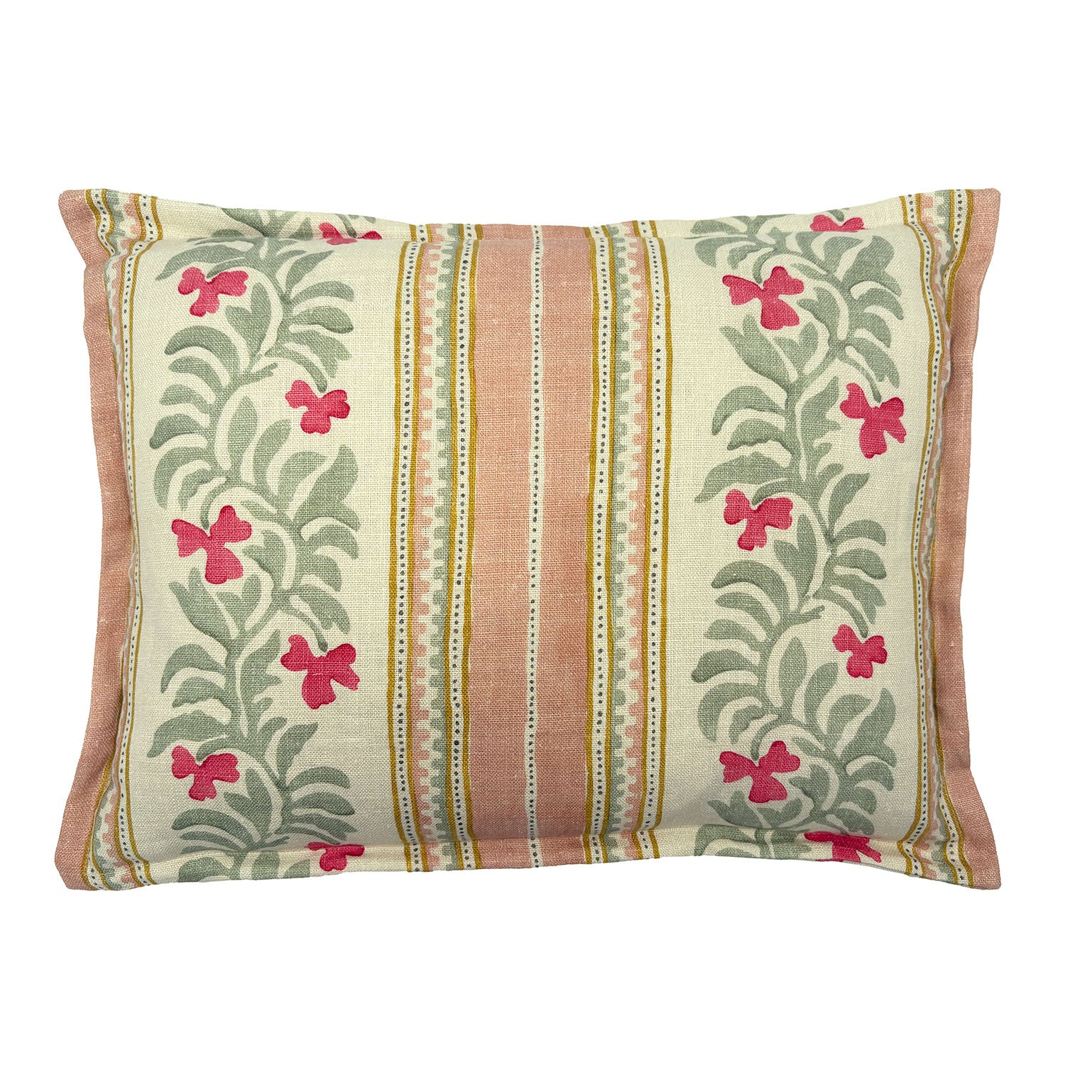 Decorative cushion with floral patterns and stripes on a off-white background.
