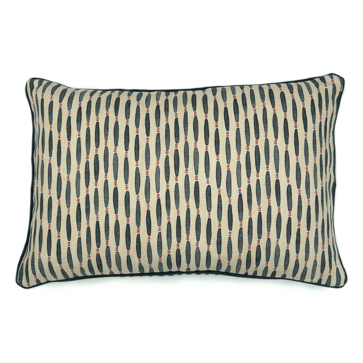 A black, pink and off white linen cushion featuring a beautiful small-scale pattern with a velvet piping.