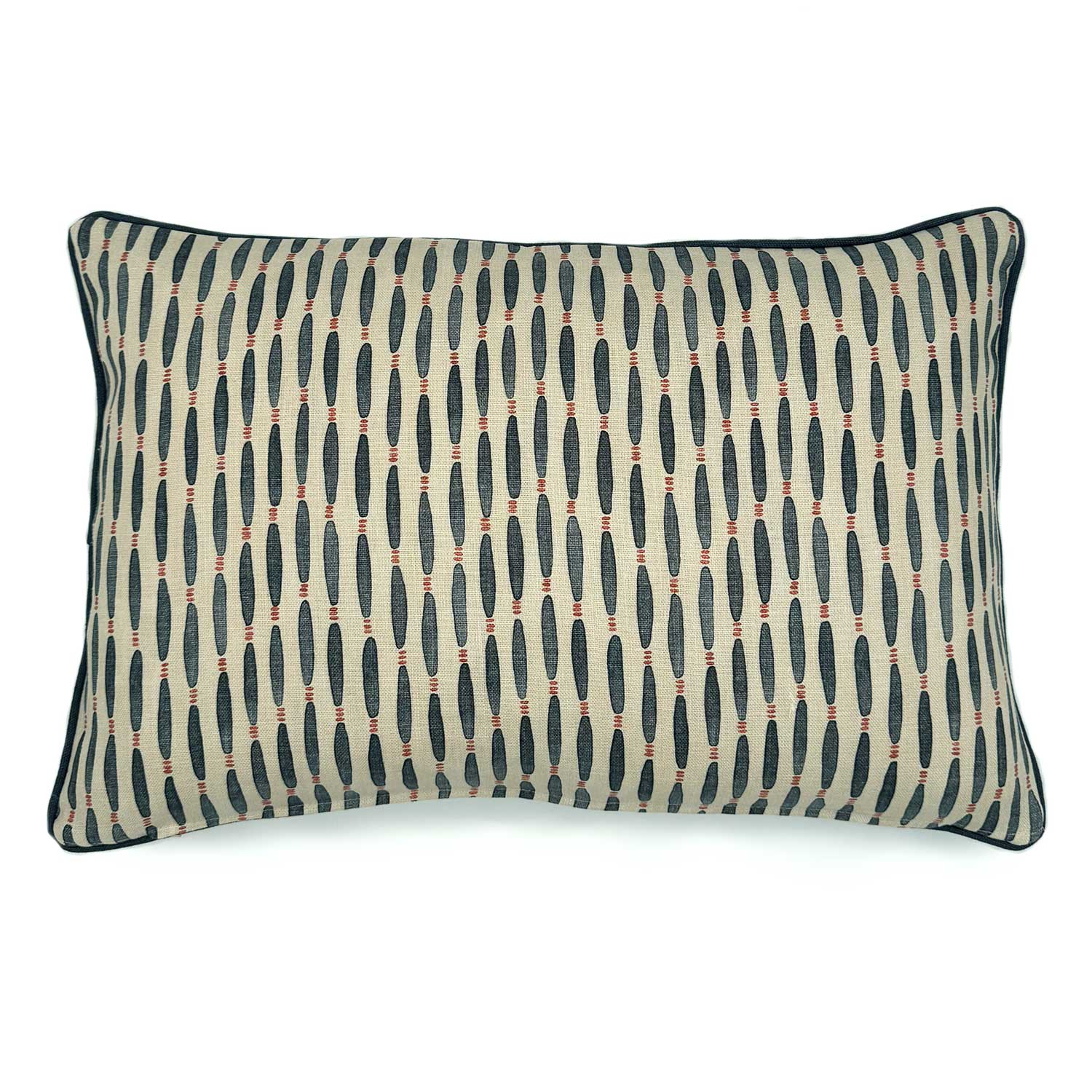 A black, pink and off white linen cushion featuring a beautiful small-scale pattern with a velvet piping.