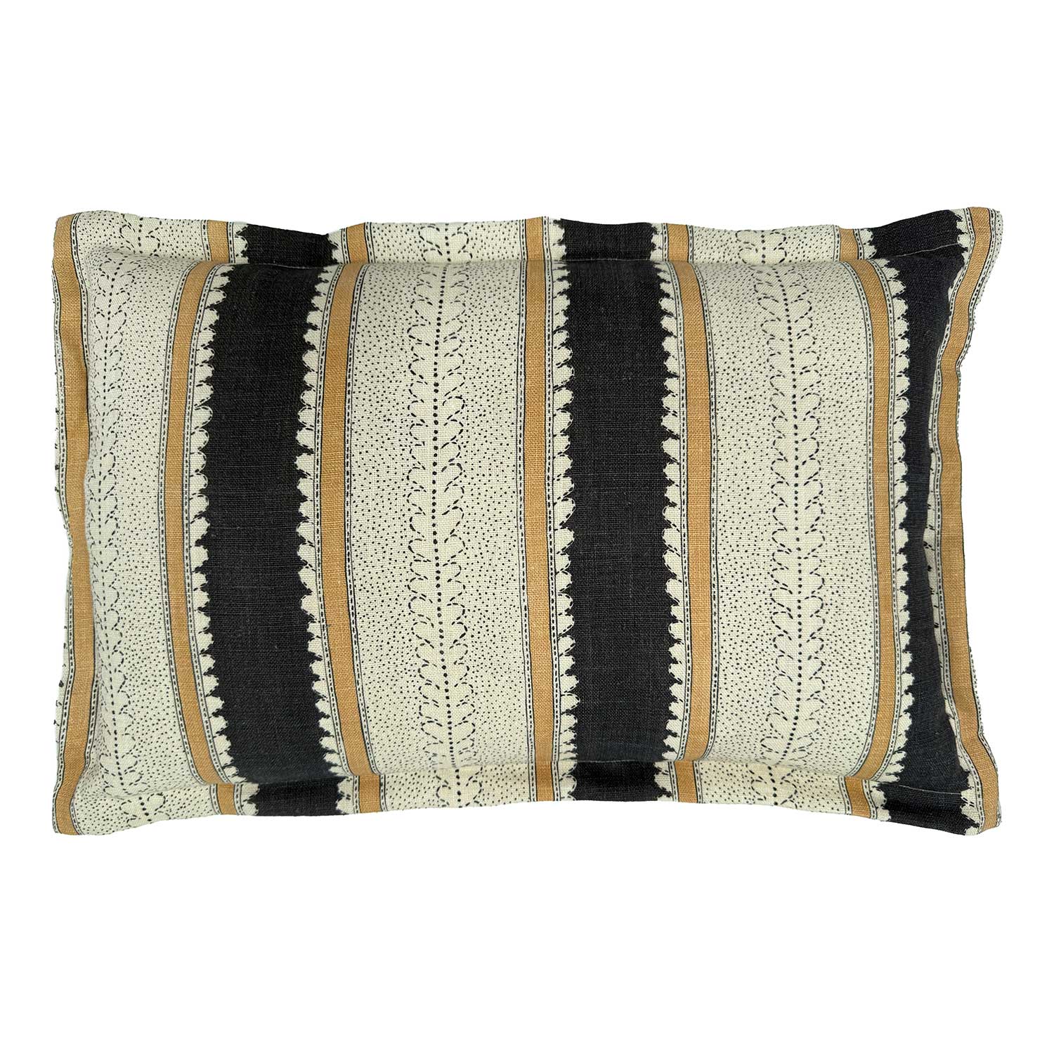 Linwood cushion in Dimity, Charcoal colourway. Overhead view showing the full front design, featuring deep charcoal and ochre bands with subtle dots and dashes.