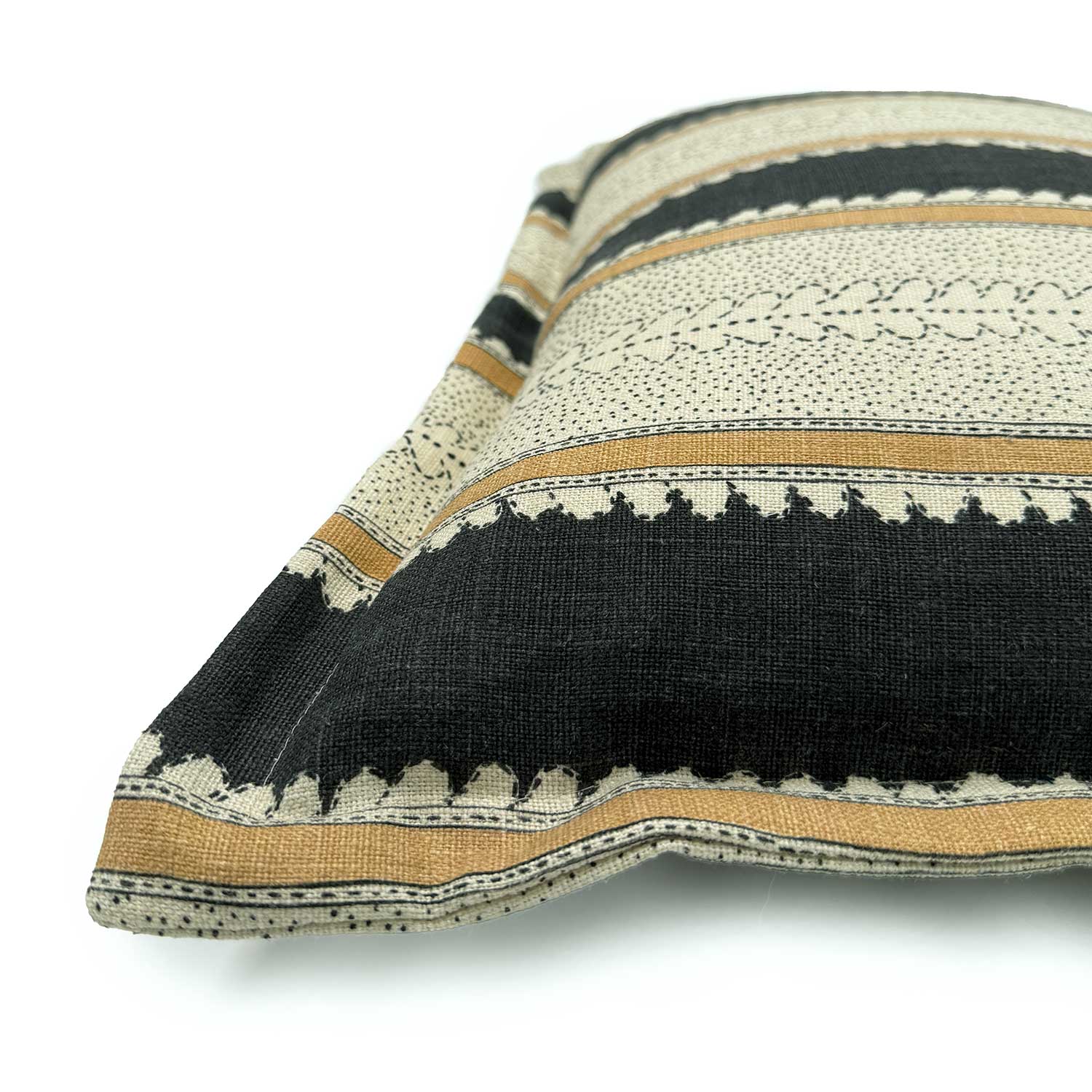 Close-up side view of Linwood cushion in Dimity, Charcoal colourway, showing the Oxford edge detail.