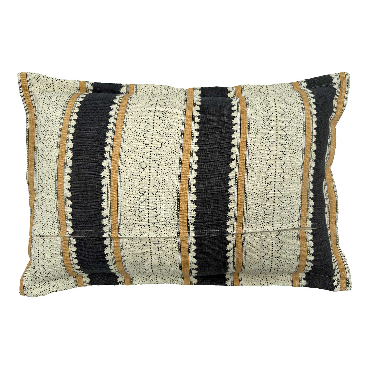 Back of Linwood cushion in Dimity, Charcoal colourway. Overhead view of the reverse side, made in matching fabric.