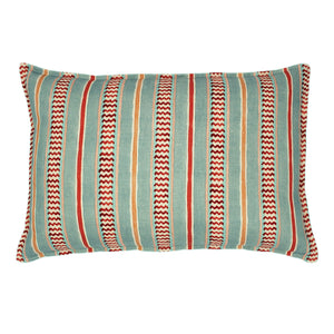 Cushion featuring vibrant yet casual pink and blues stripes on the front and back. Made from pure linen.