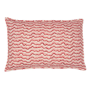 A playful pink cushion made from a breezy linen fabric featuring a charming decorative pattern - on the front and back - and finished with a sleek, Oxford edge