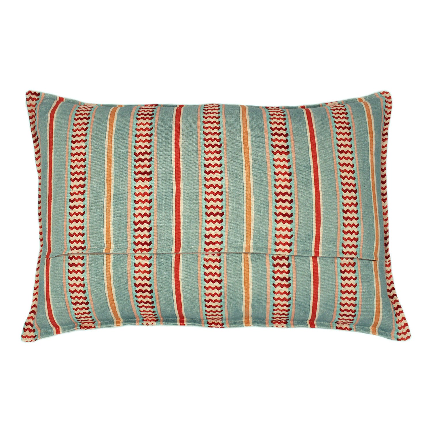 Cushion featuring vibrant yet casual pink and blues stripes on the front and back. Made from pure linen.