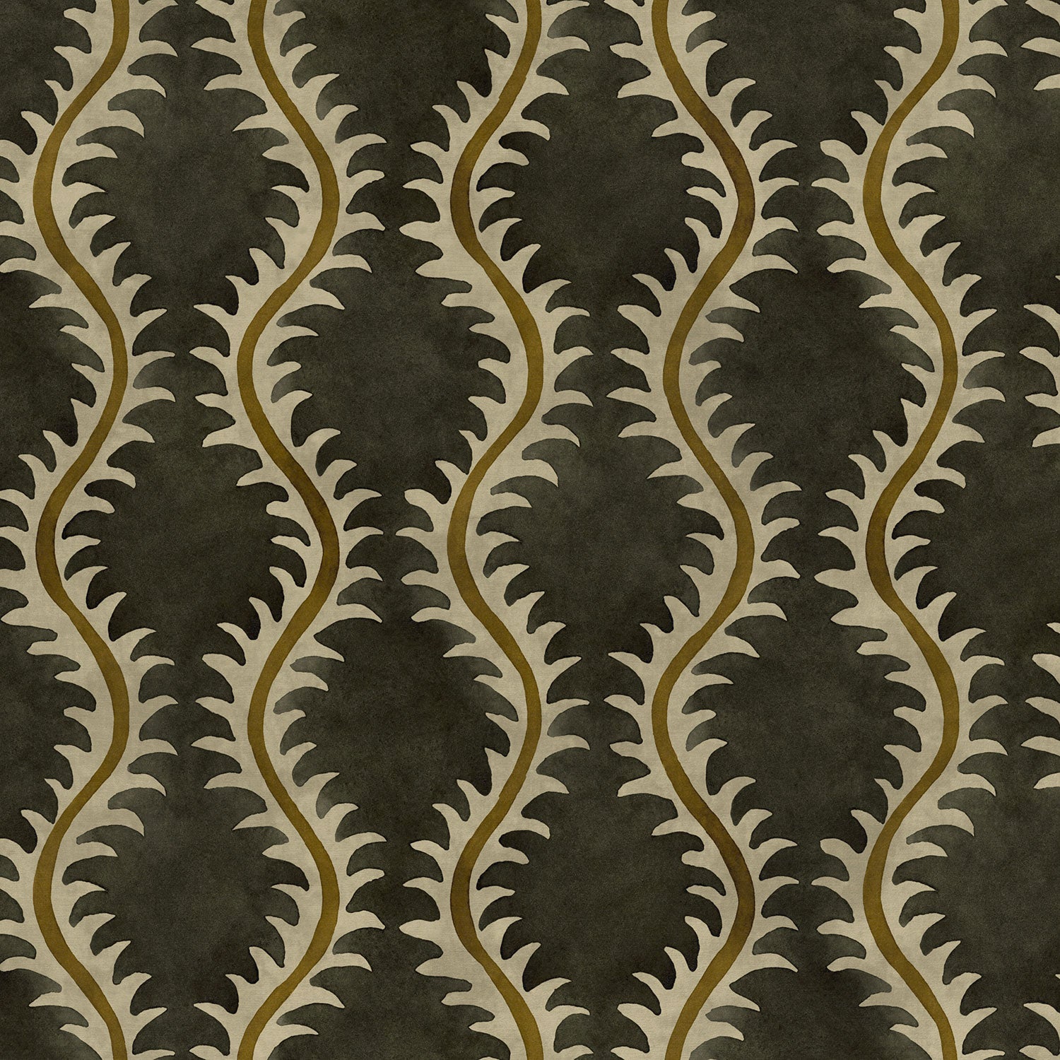 A printed velvet fabric sample in brown and green featuring a stylized fern pattern.