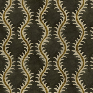 A printed velvet fabric sample in brown and green featuring a stylized fern pattern.