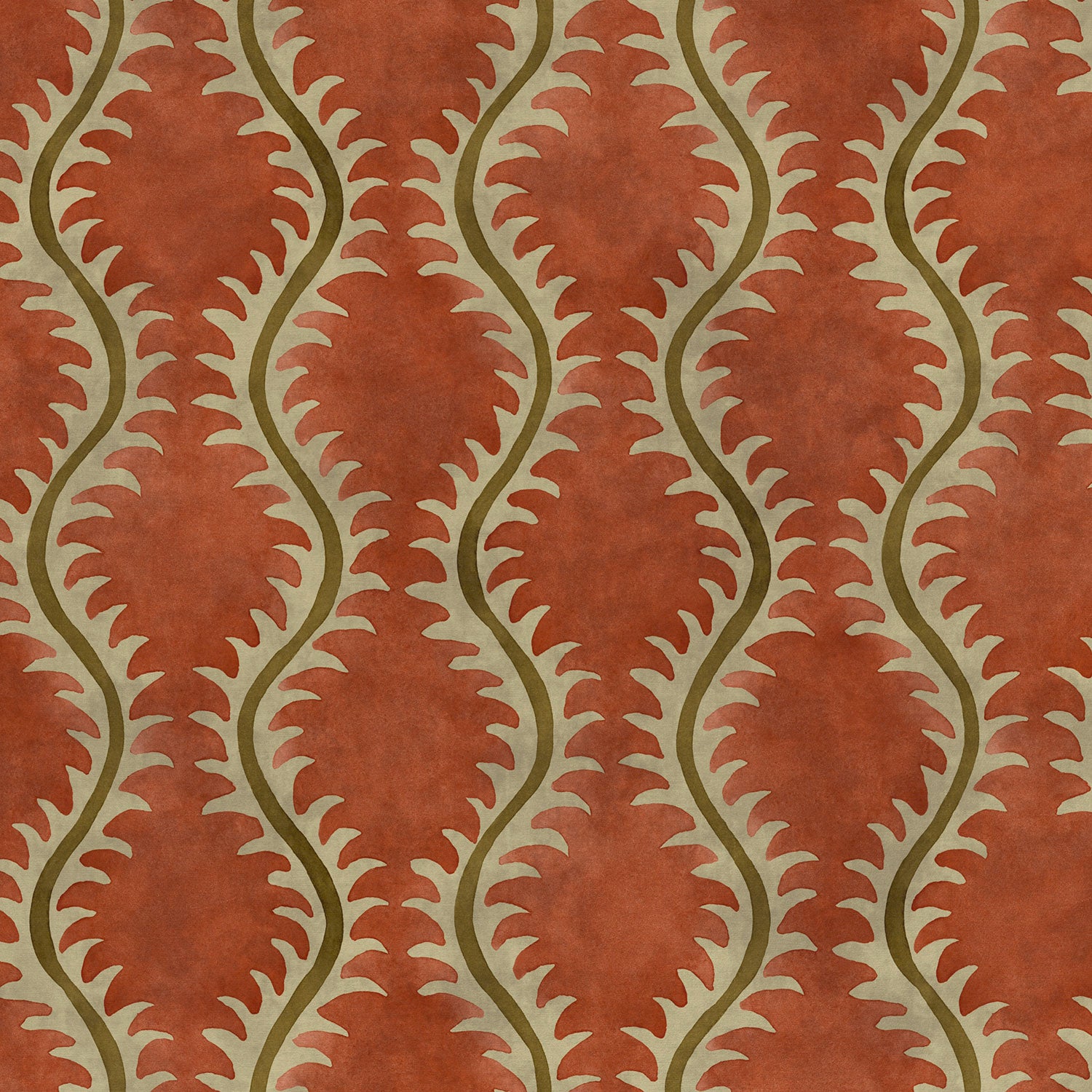 A printed velvet fabric sample in brown and orange featuring a stylized fern pattern.