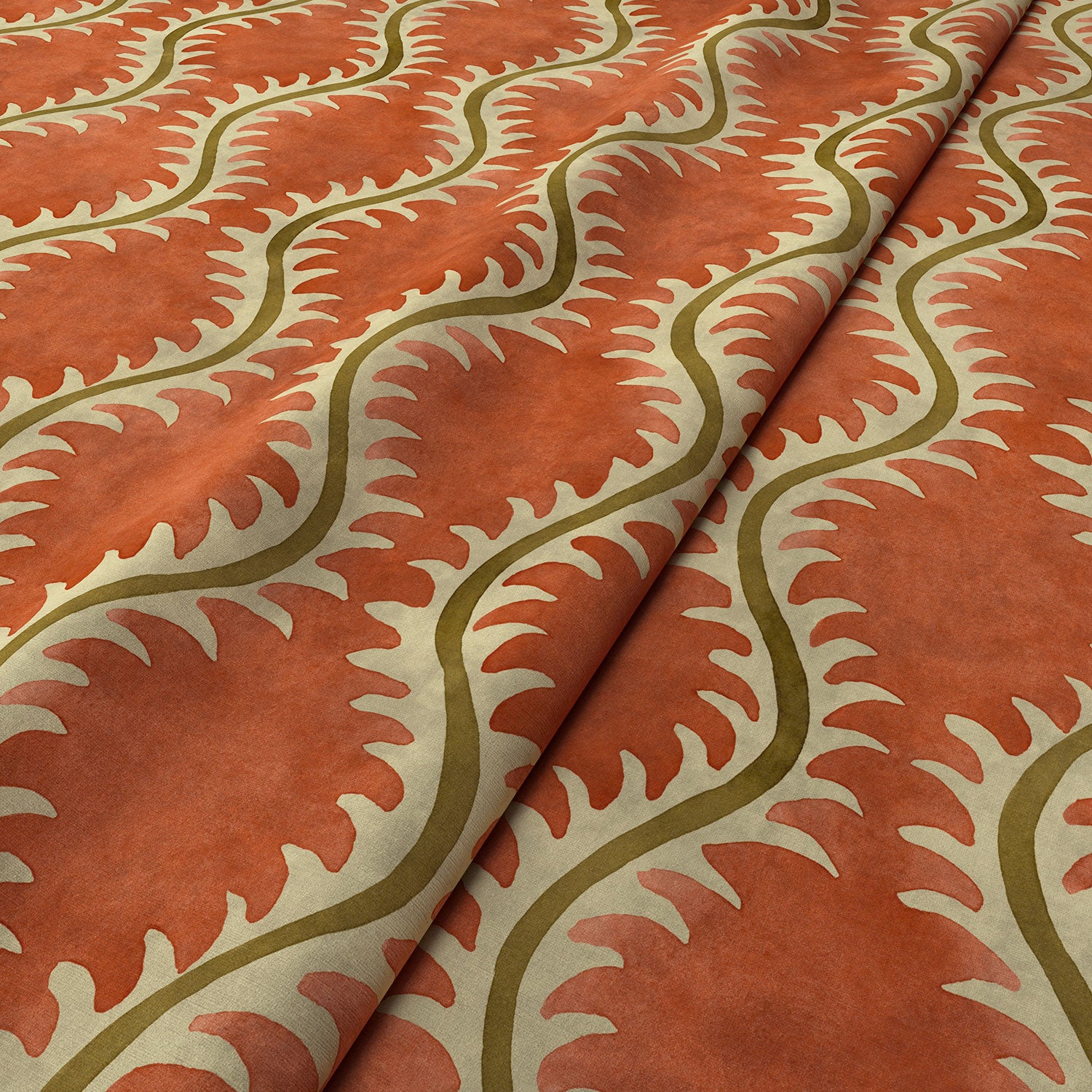 A printed velvet fabric sample in brown and orange featuring a stylized fern pattern.