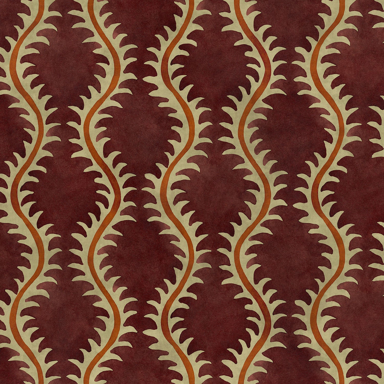 A printed velvet fabric sample in purple and orange featuring a stylized fern pattern.