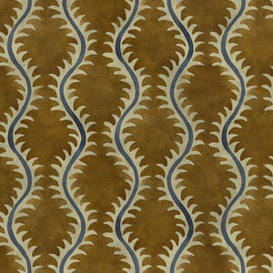 A printed velvet fabric sample in brown and blue featuring a stylized fern pattern.