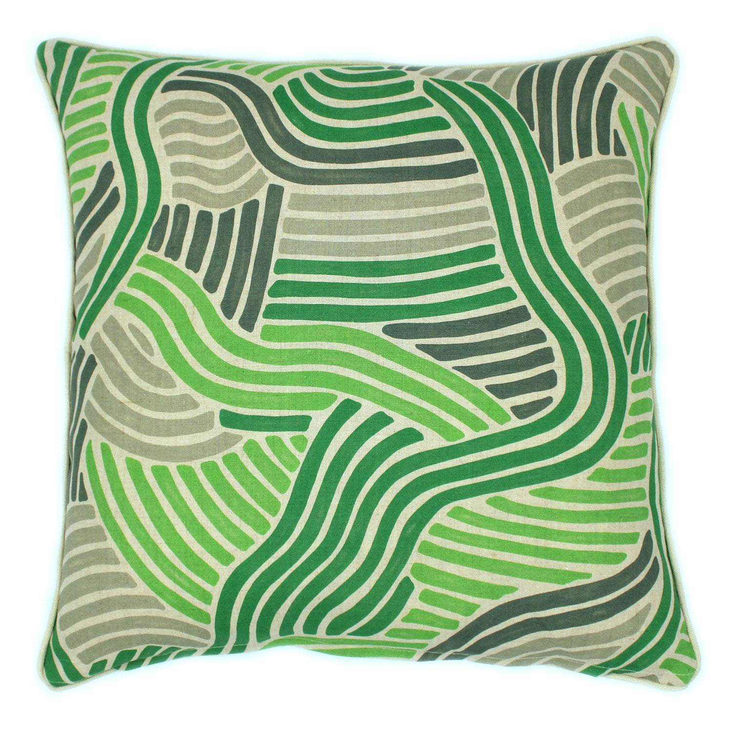 With a matching front and back, this linen cushion is made from L.A. Sunset, a green multicoloured design inspired by an archival document from the 1920s. Piped with Juno (Cream) for a smart finish.