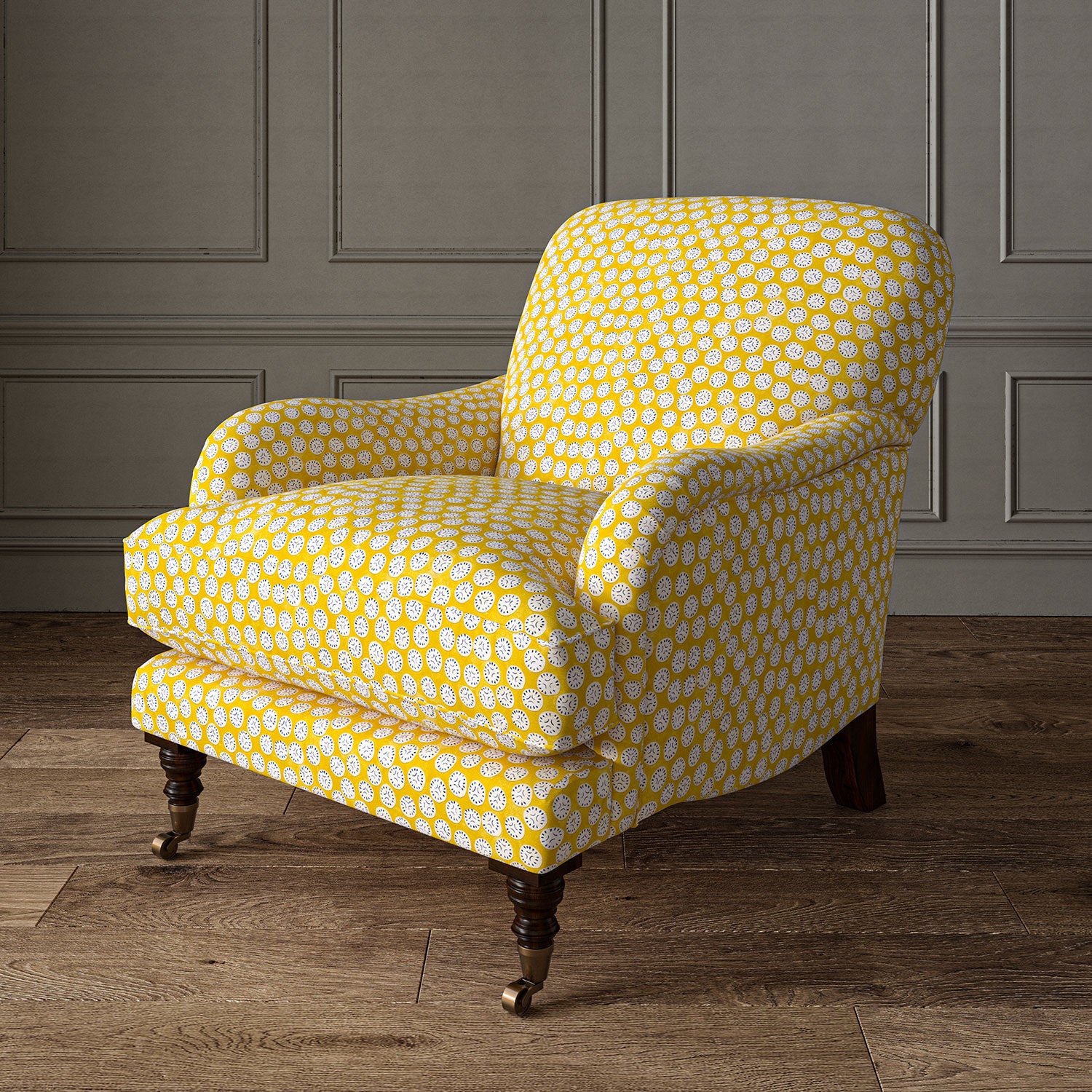 Armchair covered in a linen printed with a subtle all-over repeat in yellow, cream and black
