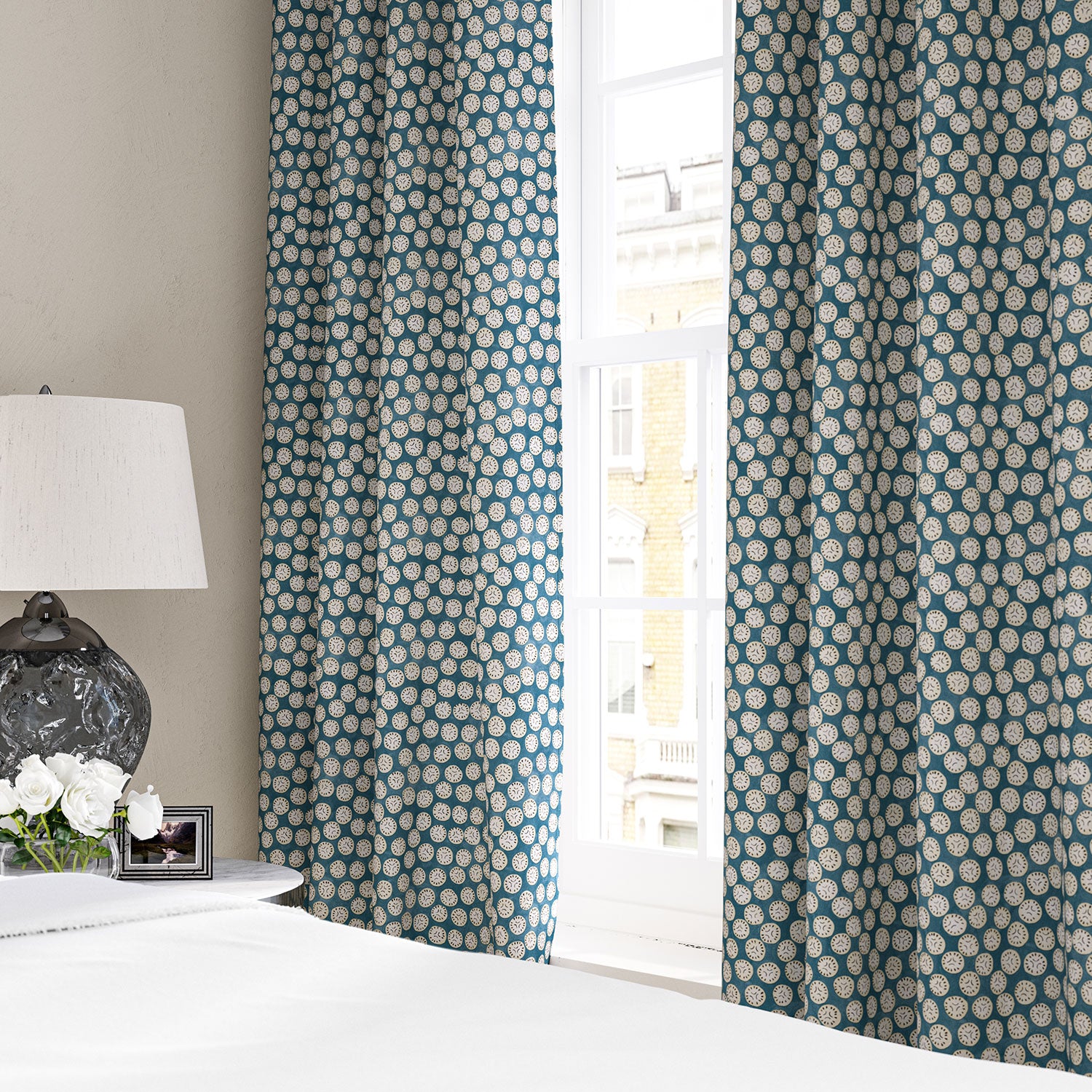 Linen curtain with a subtle all-over repeat in blue, cream and black