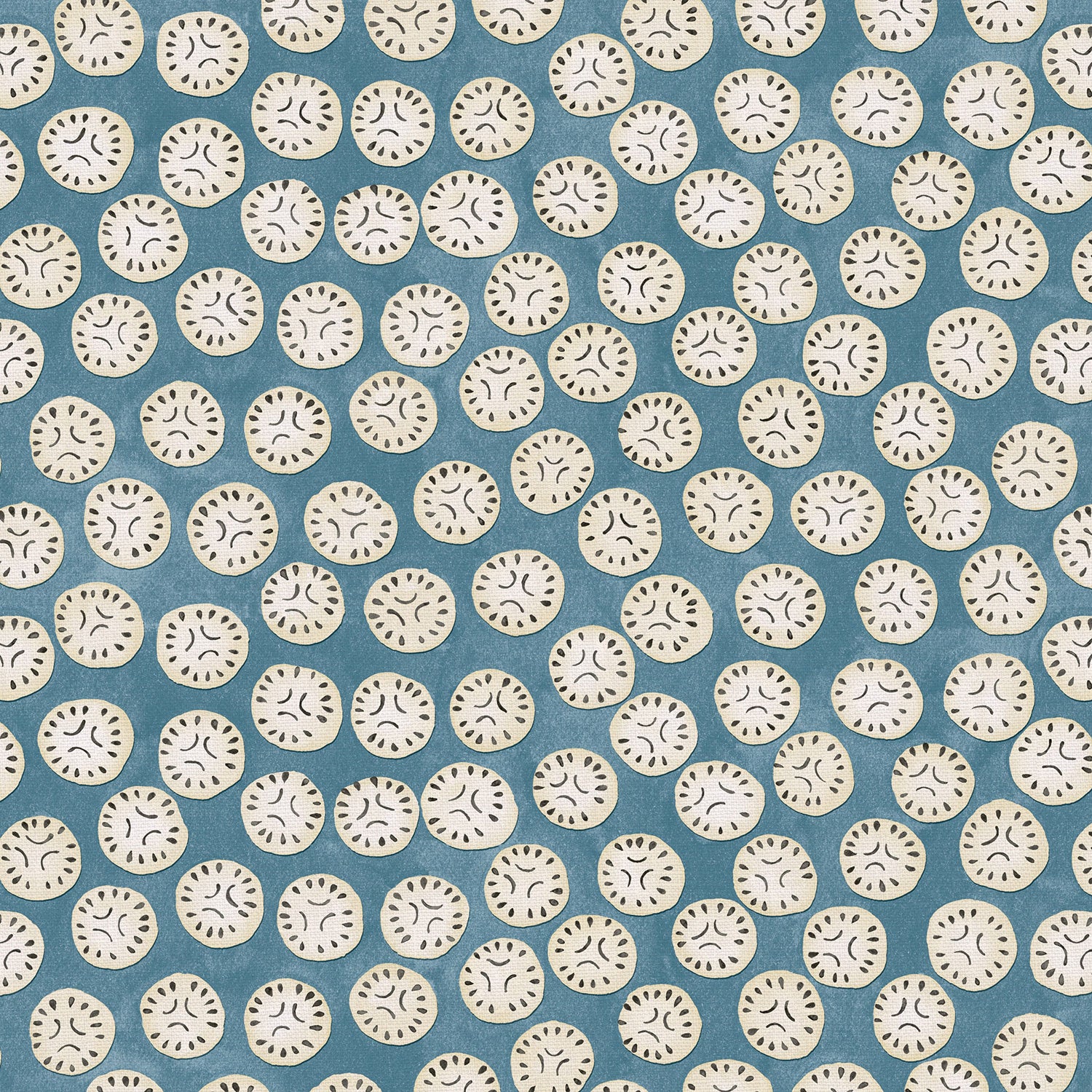 A linen printed with a subtle all-over repeat in blue, cream and black