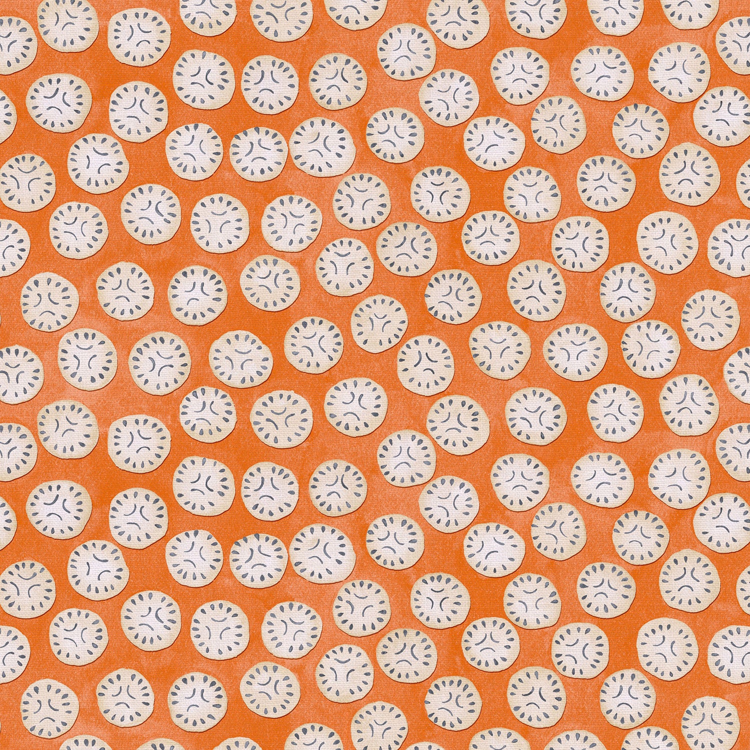 A linen printed with a subtle all-over repeat in orange, cream and black