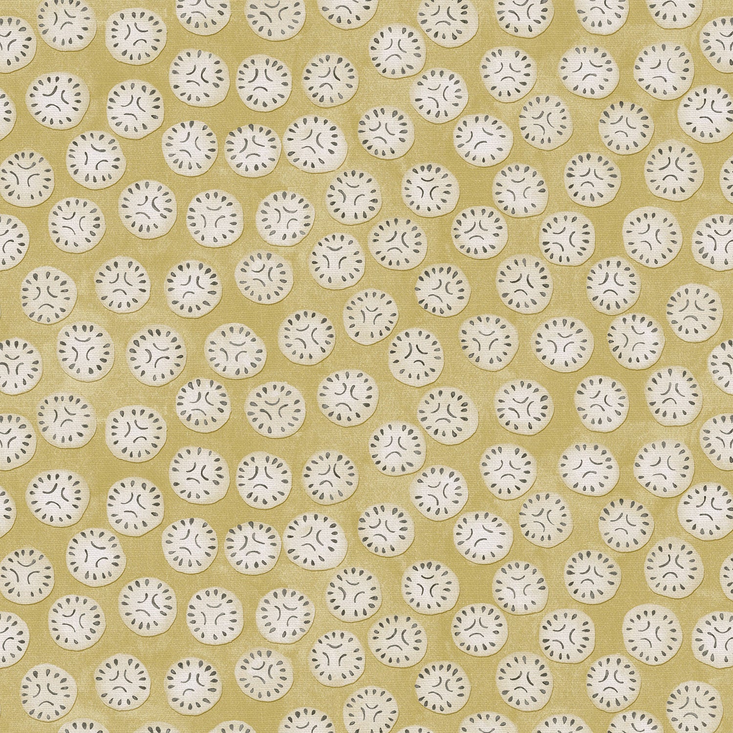 A linen printed with a subtle all-over repeat in yellow, cream and black