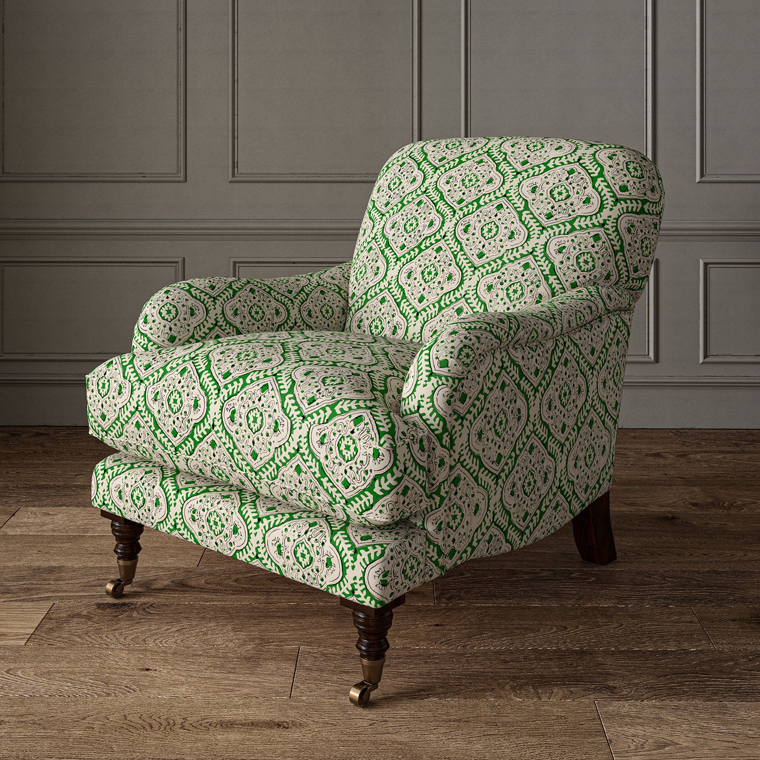 Armchair covered in a linen print with a handcrafted feel in green