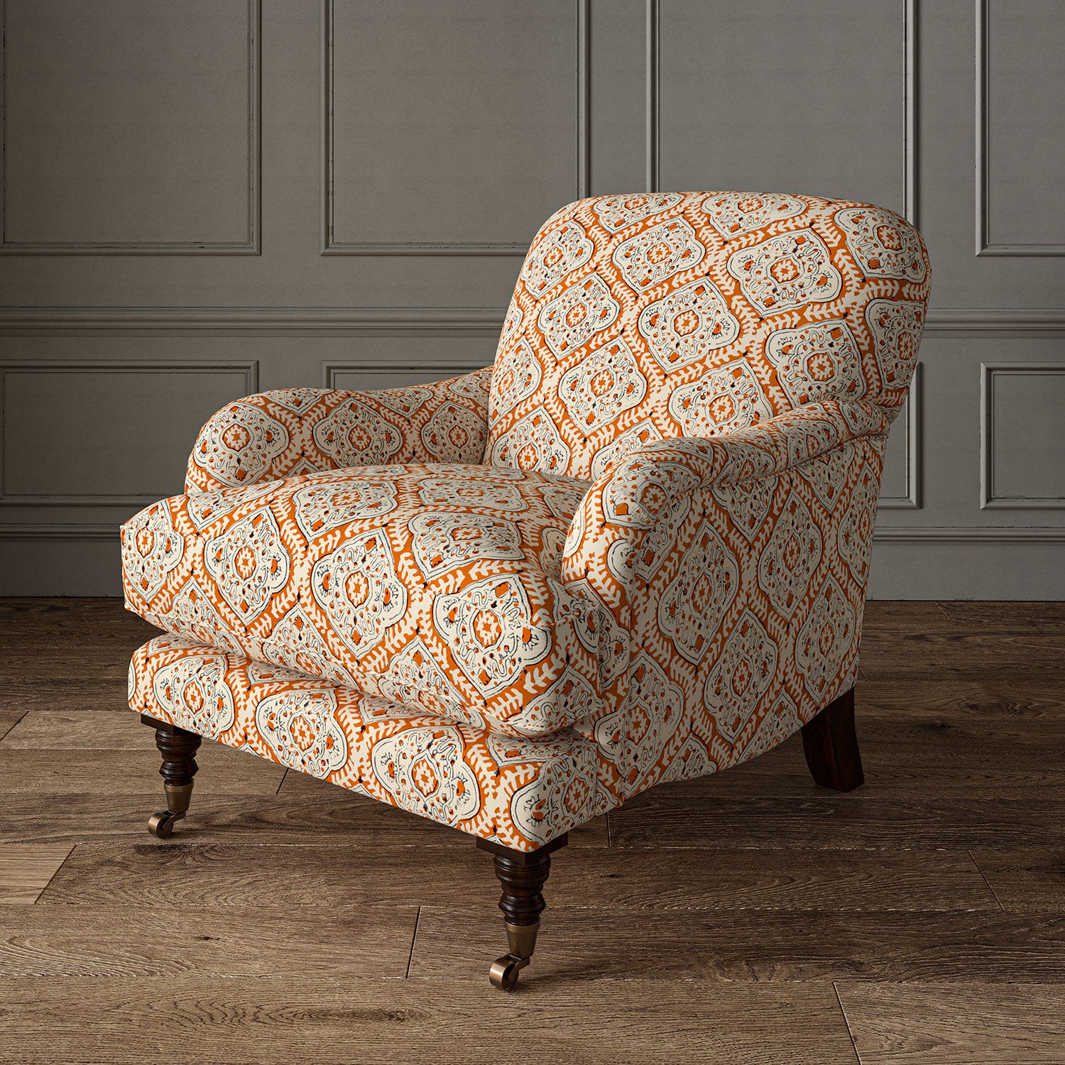 Armchair covered in a linen print with a handcrafted feel in orange