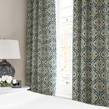 Linen curtain with a handcrafted-style print in blue