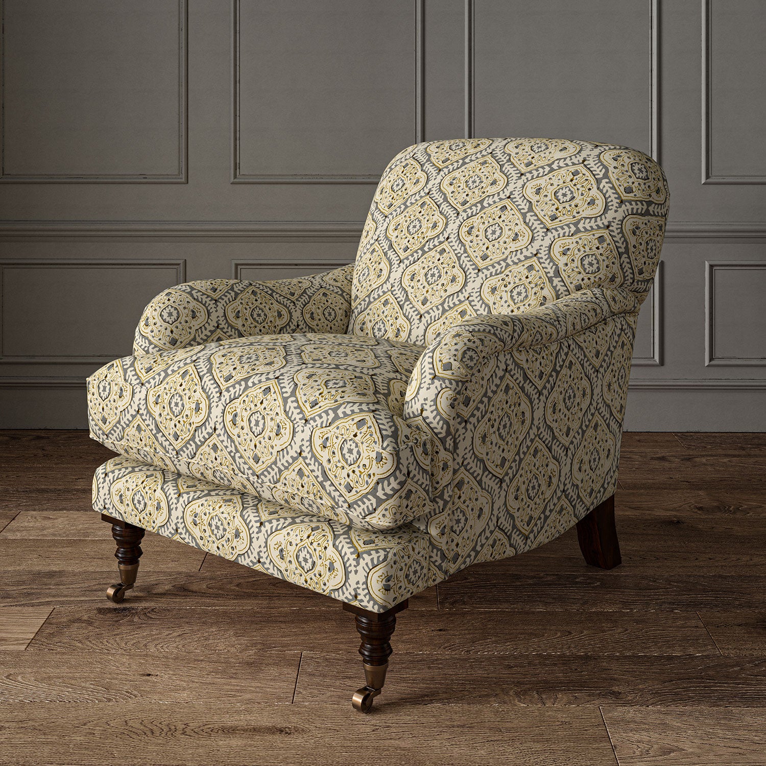 Armchair covered in a linen print with a handcrafted feel in grey