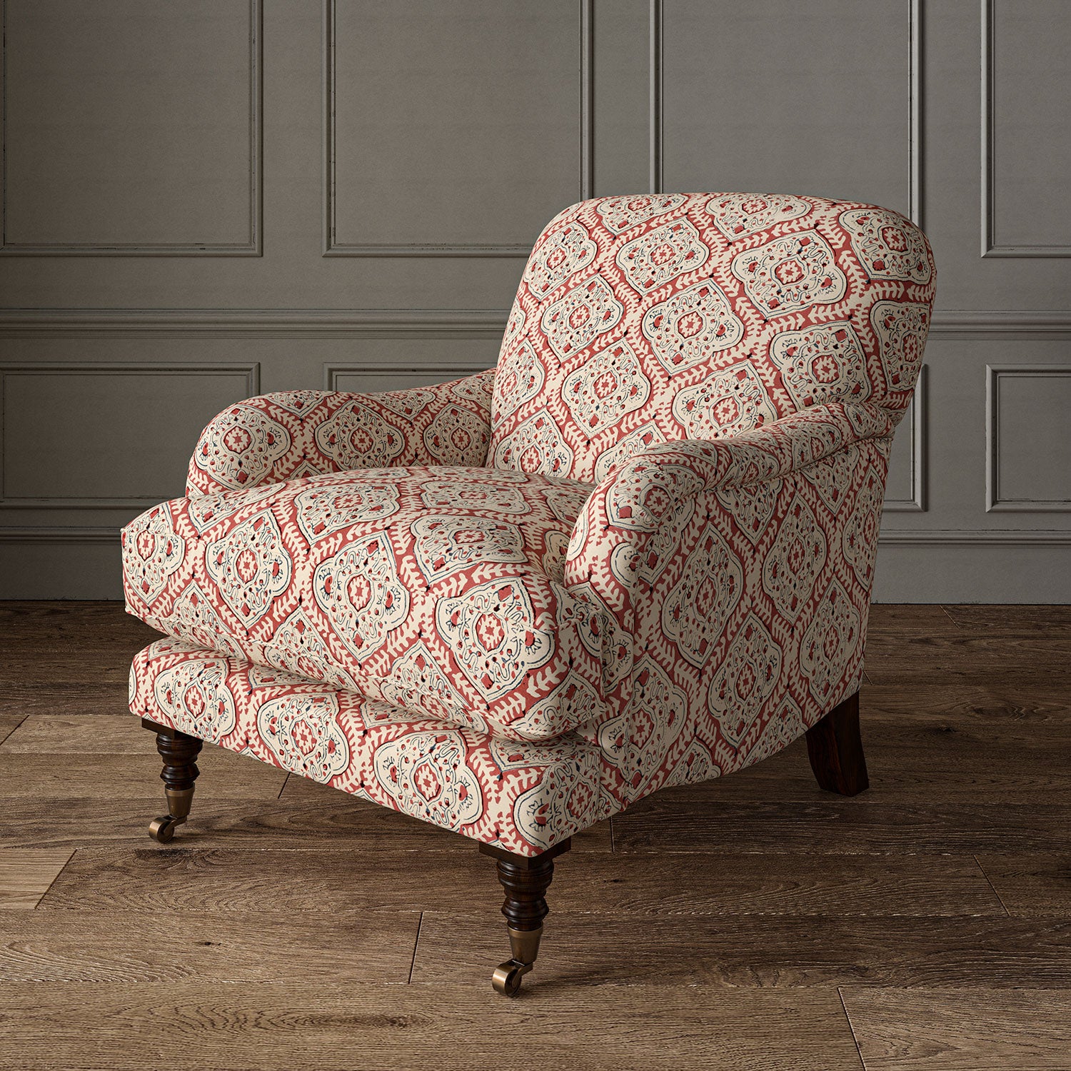 Armchair covered in a linen print with a handcrafted feel in red