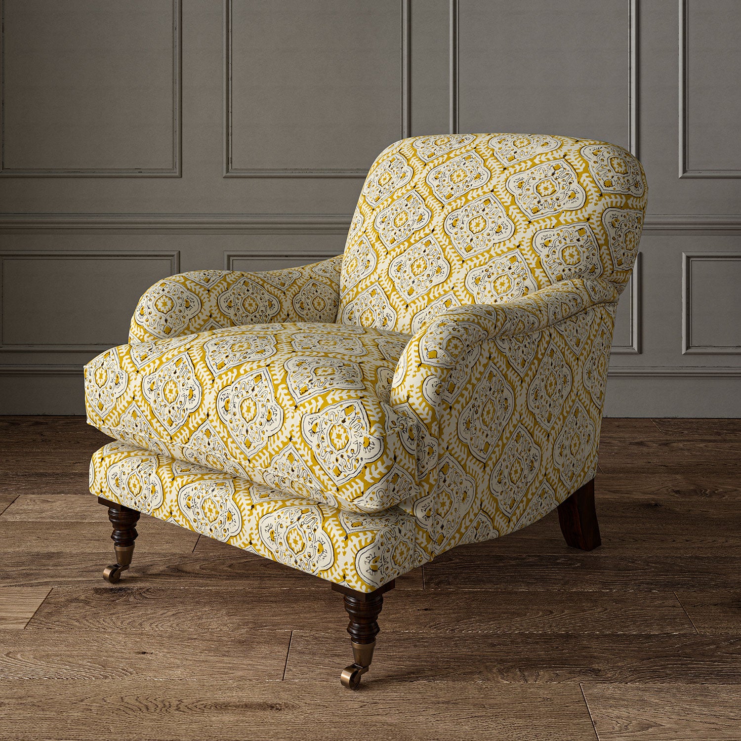Armchair covered in a linen print with a handcrafted feel in yellow