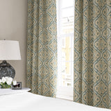 Linen curtain with a handcrafted-style print in blue