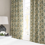 Stylised floral linen curtain in green, orange and cream