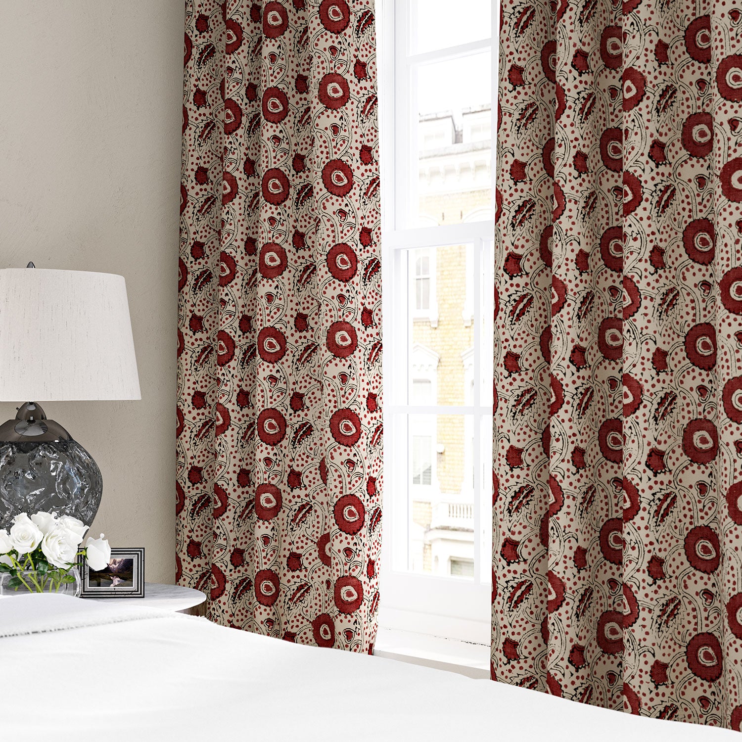Stylised floral linen curtain in red, black and cream