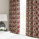 Stylised floral linen curtain in red, black and cream