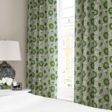 Stylised floral linen curtain in green, blue and cream