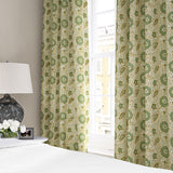 Stylised floral linen curtain in green, orange and cream