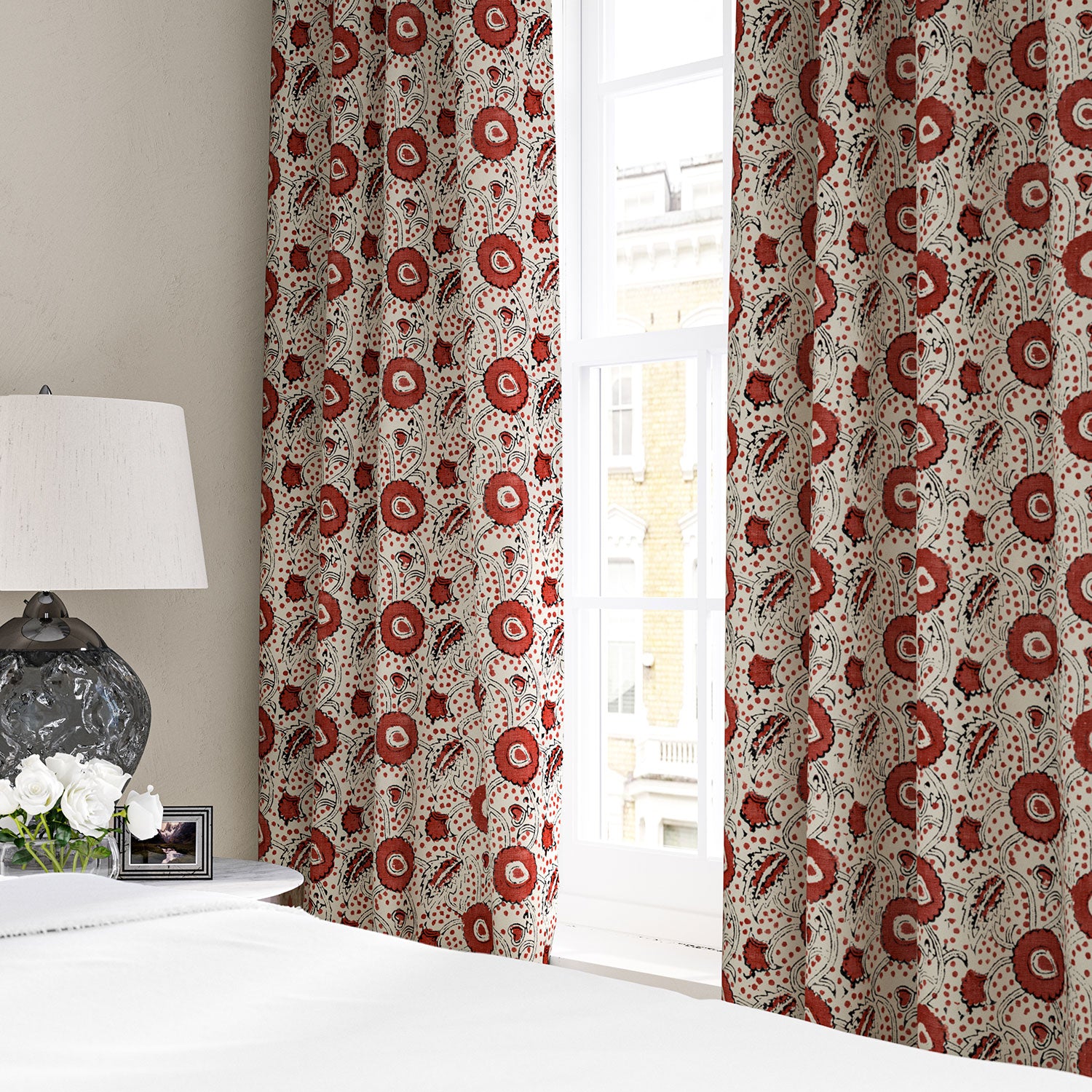 Stylised floral linen curtain in red, black and cream