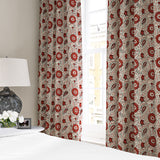 Stylised floral linen curtain in red, black and cream