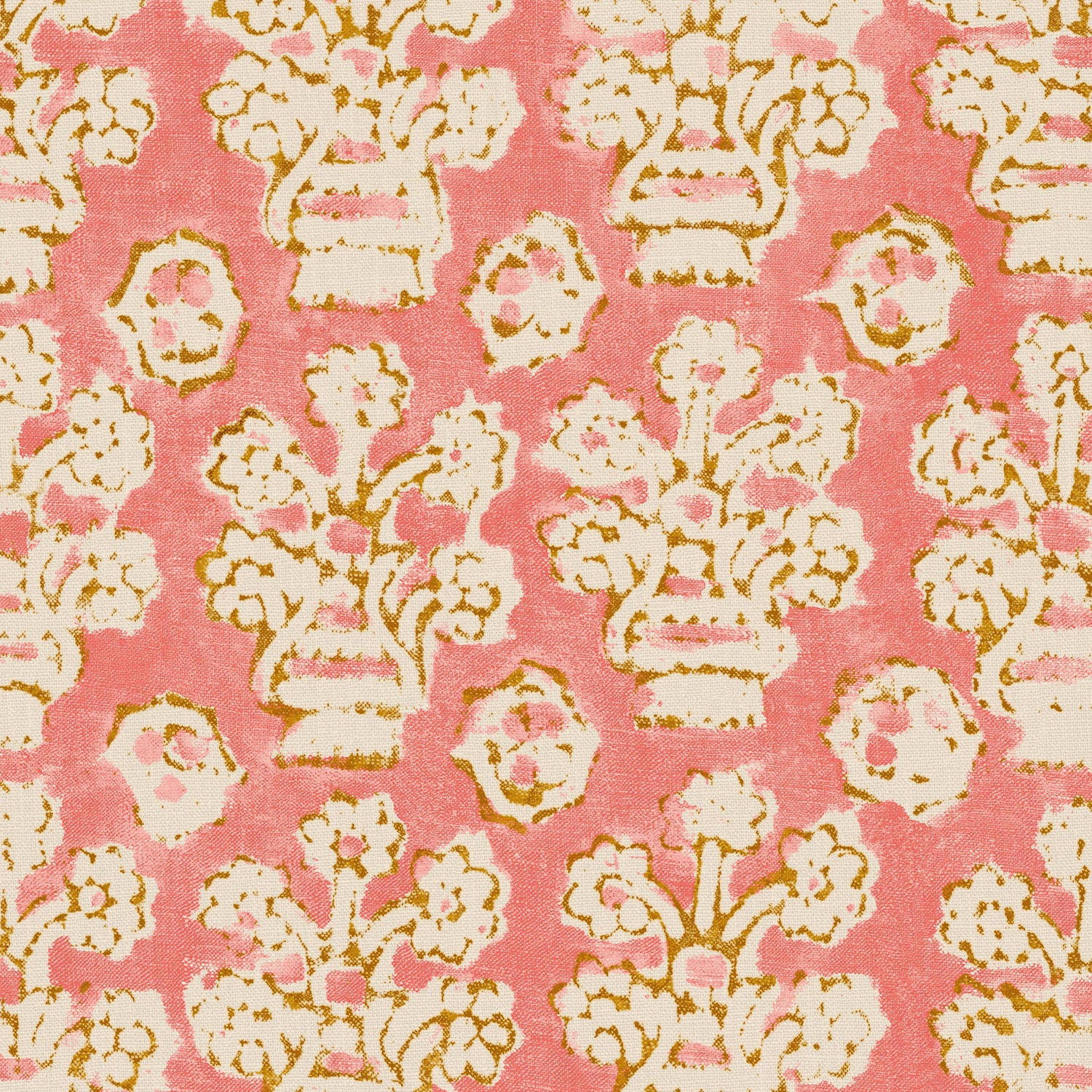 A jolly printed linen fabric in pink, orange and cream