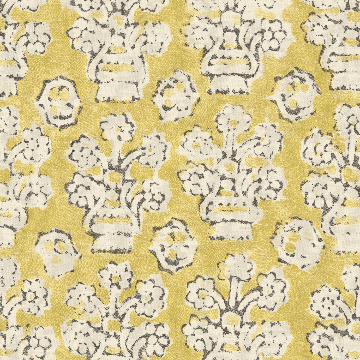 A jolly printed linen fabric in yellow, black and cream