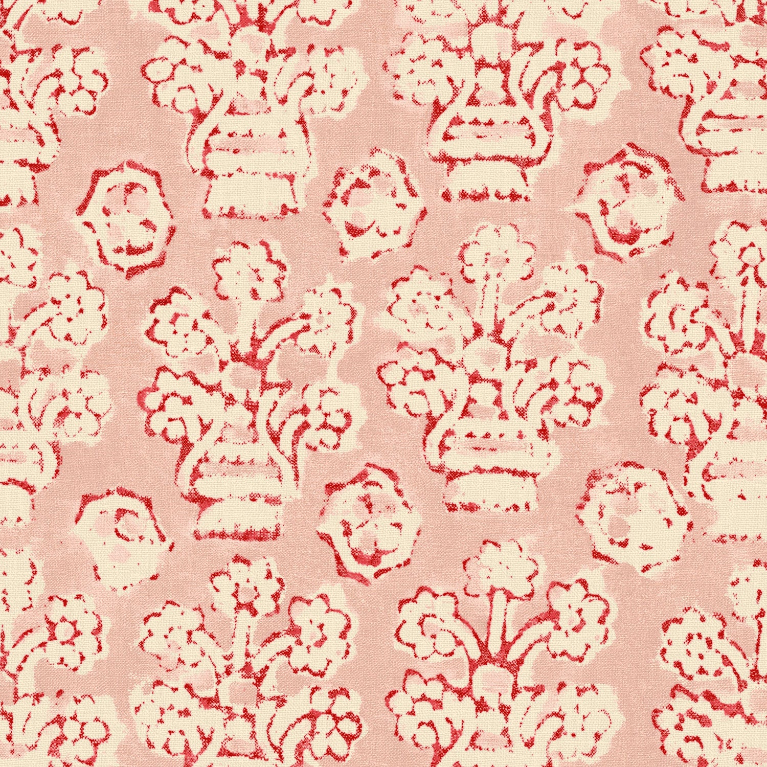 A jolly printed linen fabric in pink, red and cream