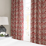Linen curtain with a jolly and characterful pattern in red, black and cream